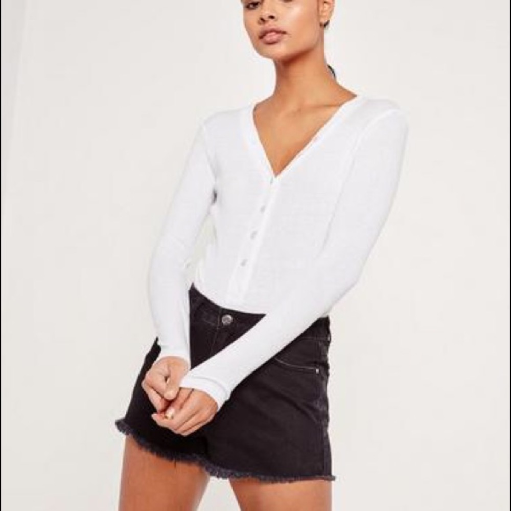 White Ribbed Long Sleeve Button Front Bodysuit
